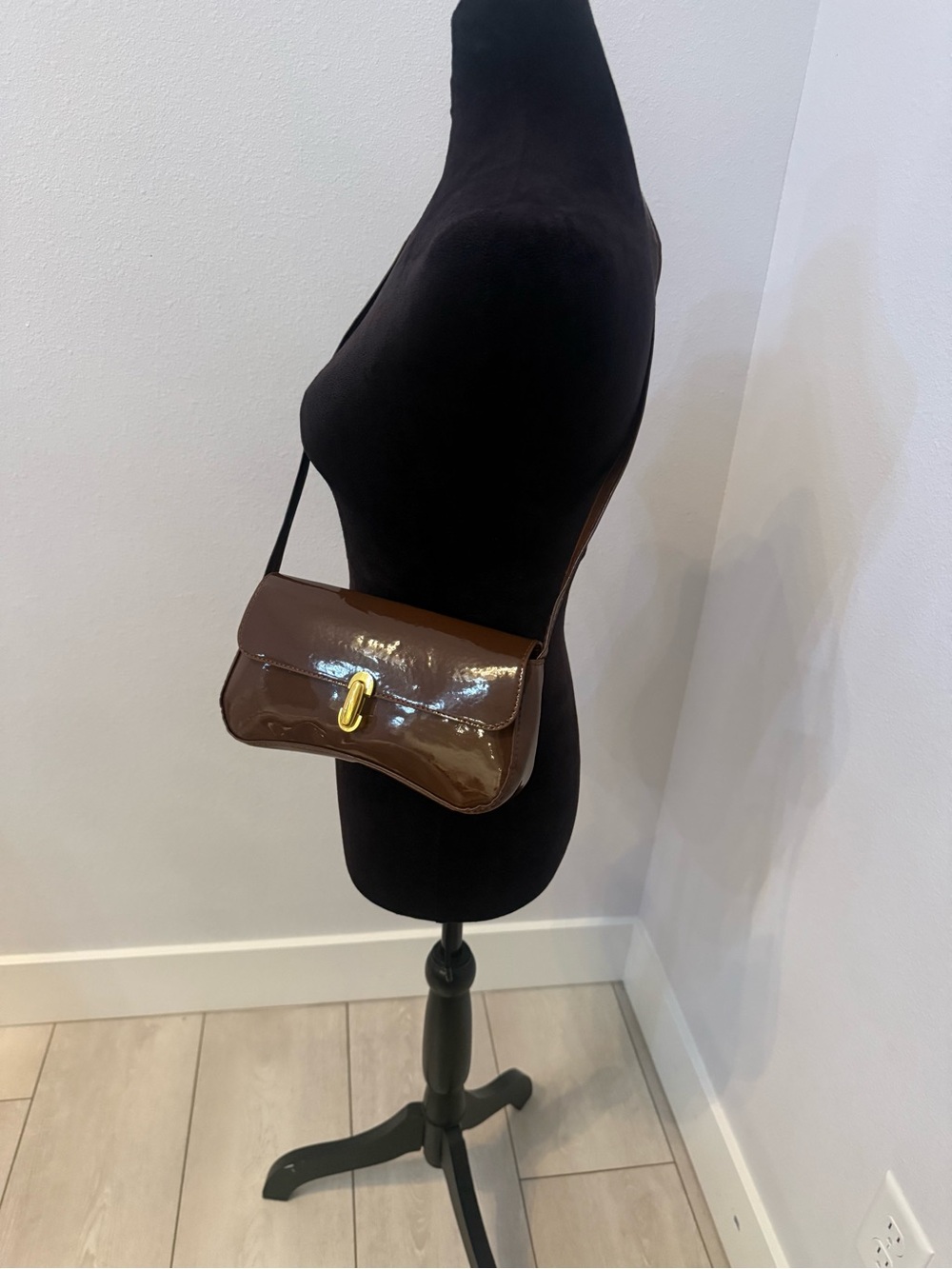 Brown Patent Leather Shoulder Bag with Gold-Tone Hardware